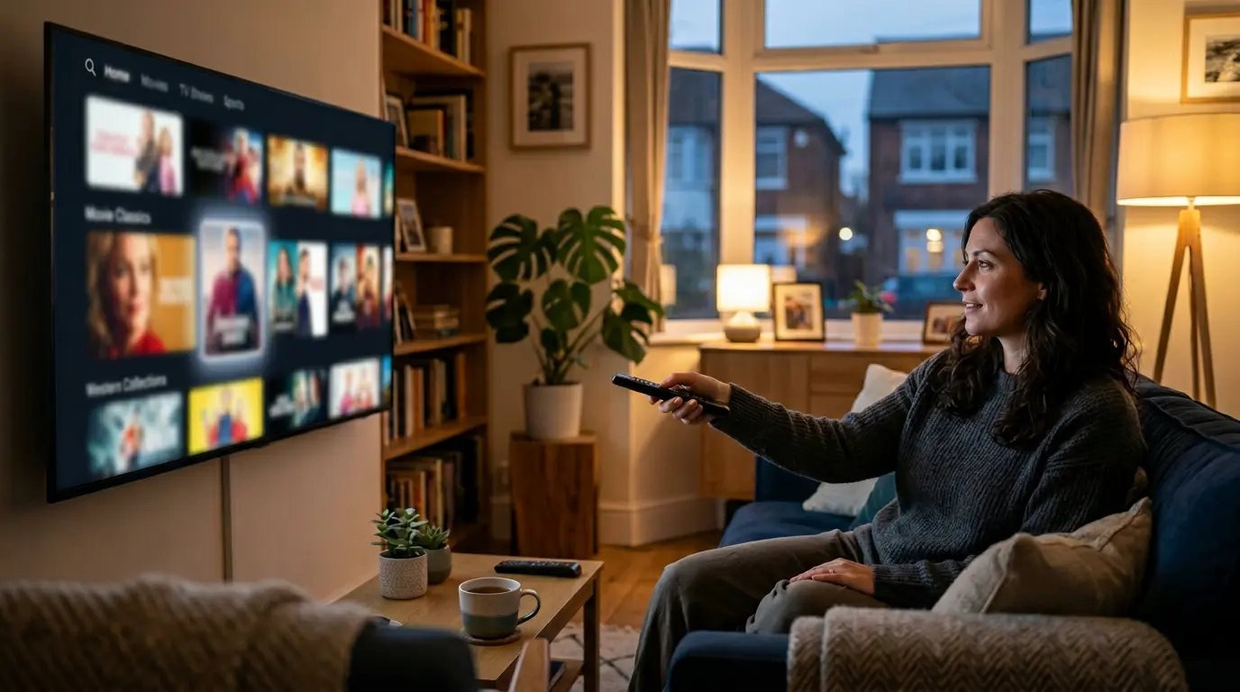 Best IPTV UK streaming setup in a modern British living room with smart TV