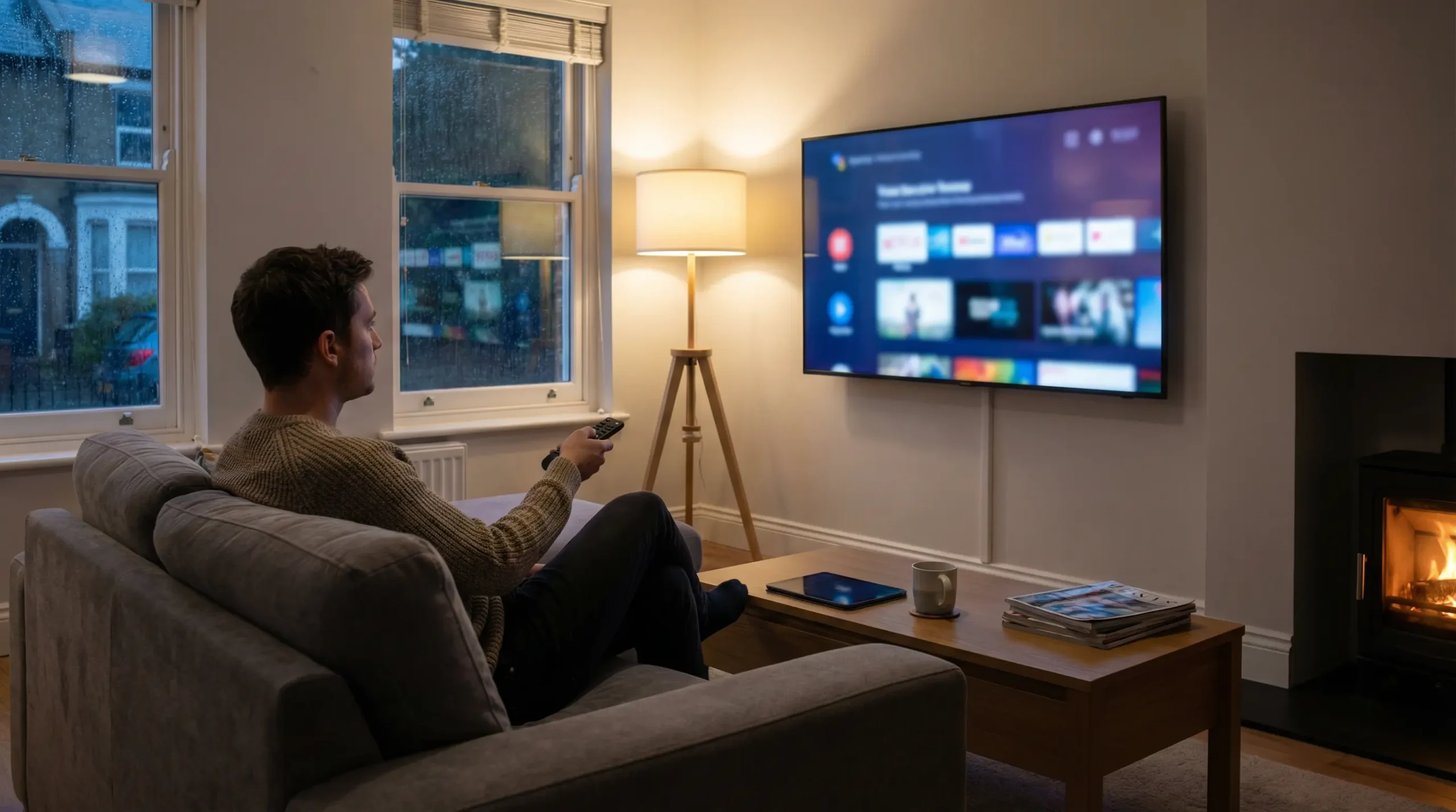 IPTV Providers UK comparison image showing a person watching streaming content on a smart TV in a modern UK living room