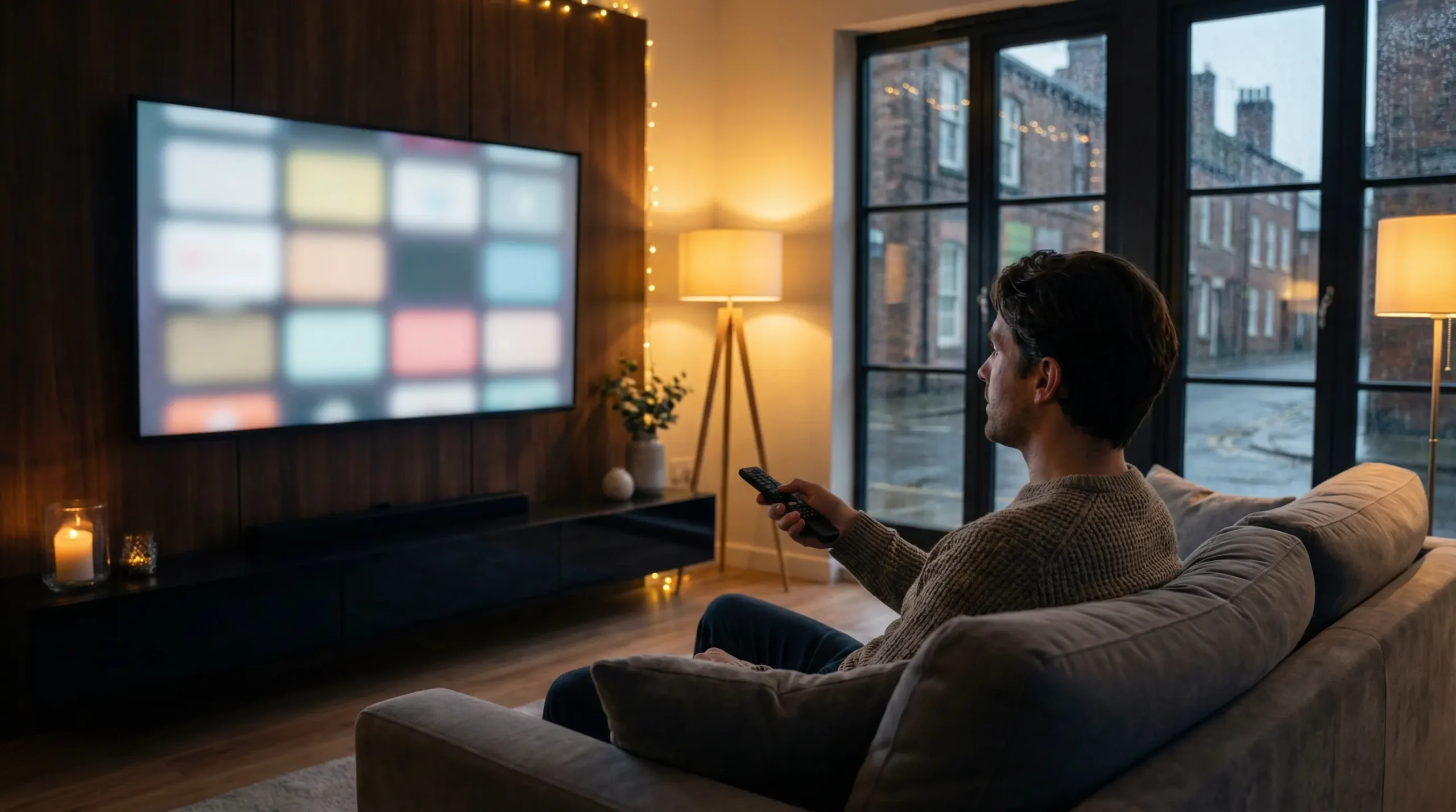 IPTV Review UK article image showing a person watching content on a smart TV in a modern UK living room