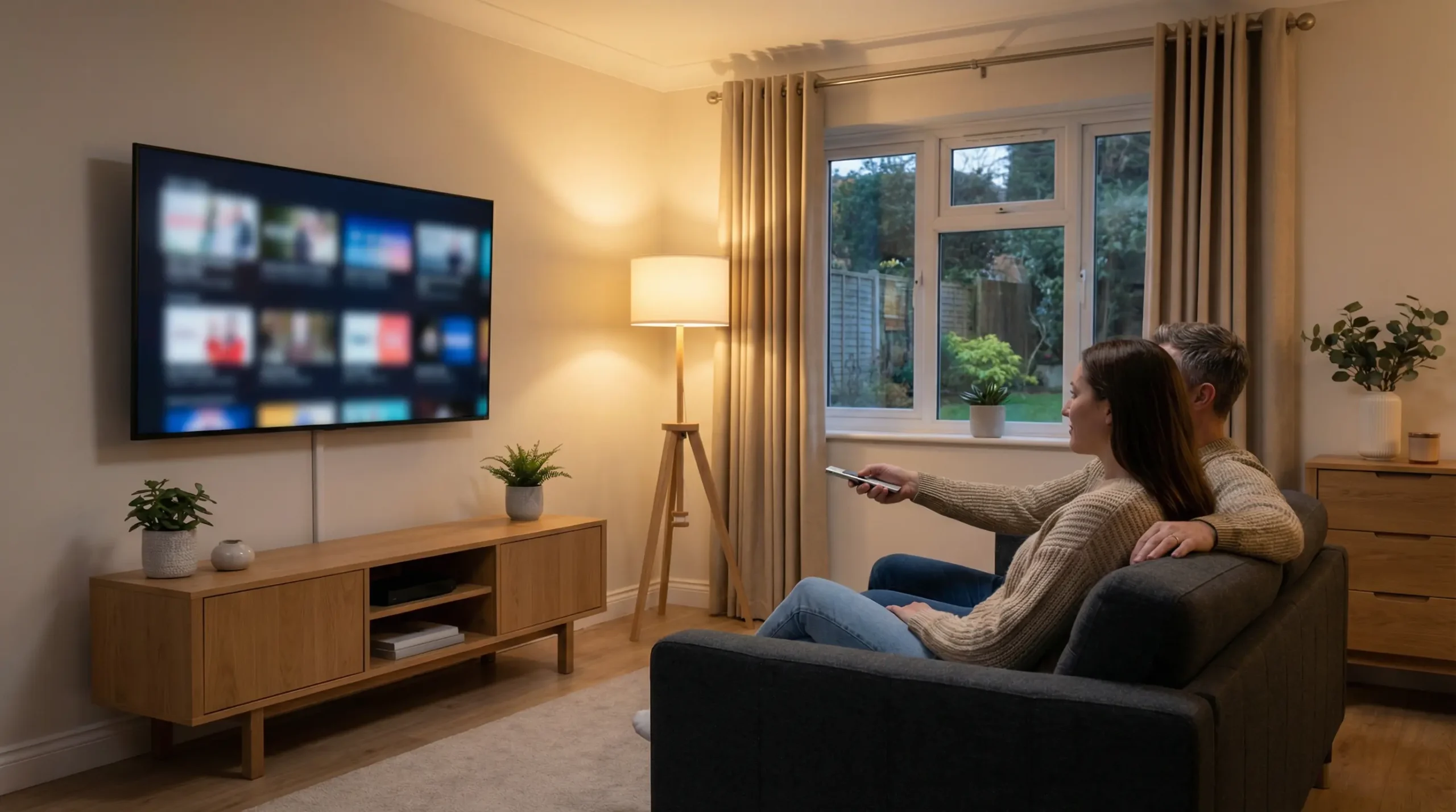 IPTV UK streaming experience in a modern British living room with smart TV and family watching