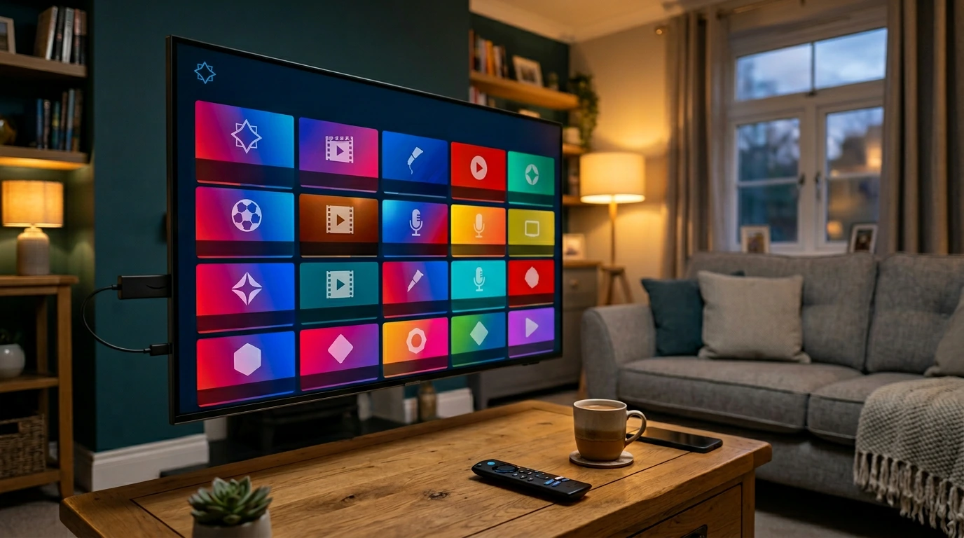 Best IPTV apps UK for World Cup 2026 – Firestick connected to smart TV showing IPTV channel grid