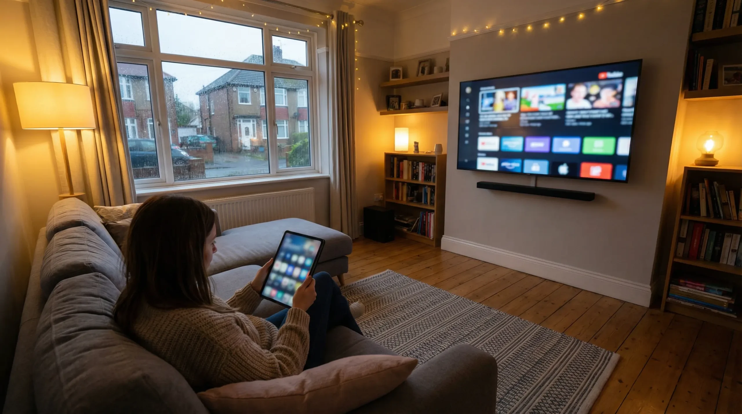 IPTV Apps UK streaming setup with smart TV and mobile device controlling content