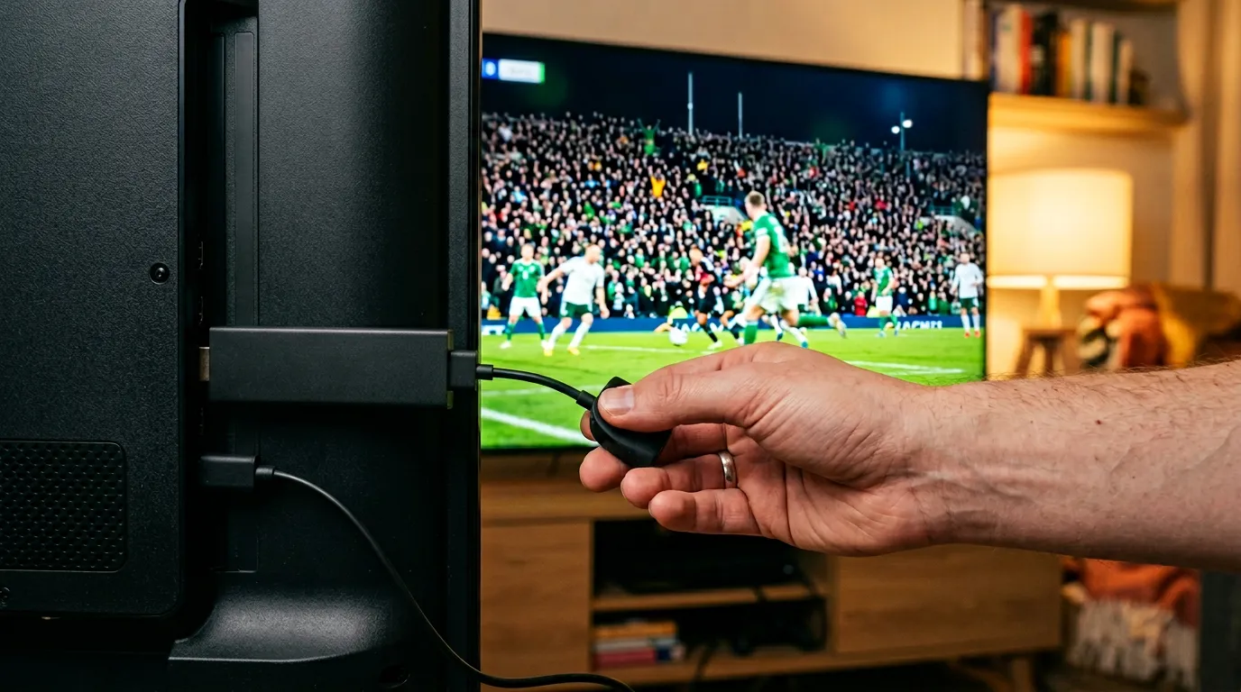 Best IPTV for Firestick UK 2026 – Firestick 4K in TV HDMI port with live football match on screen