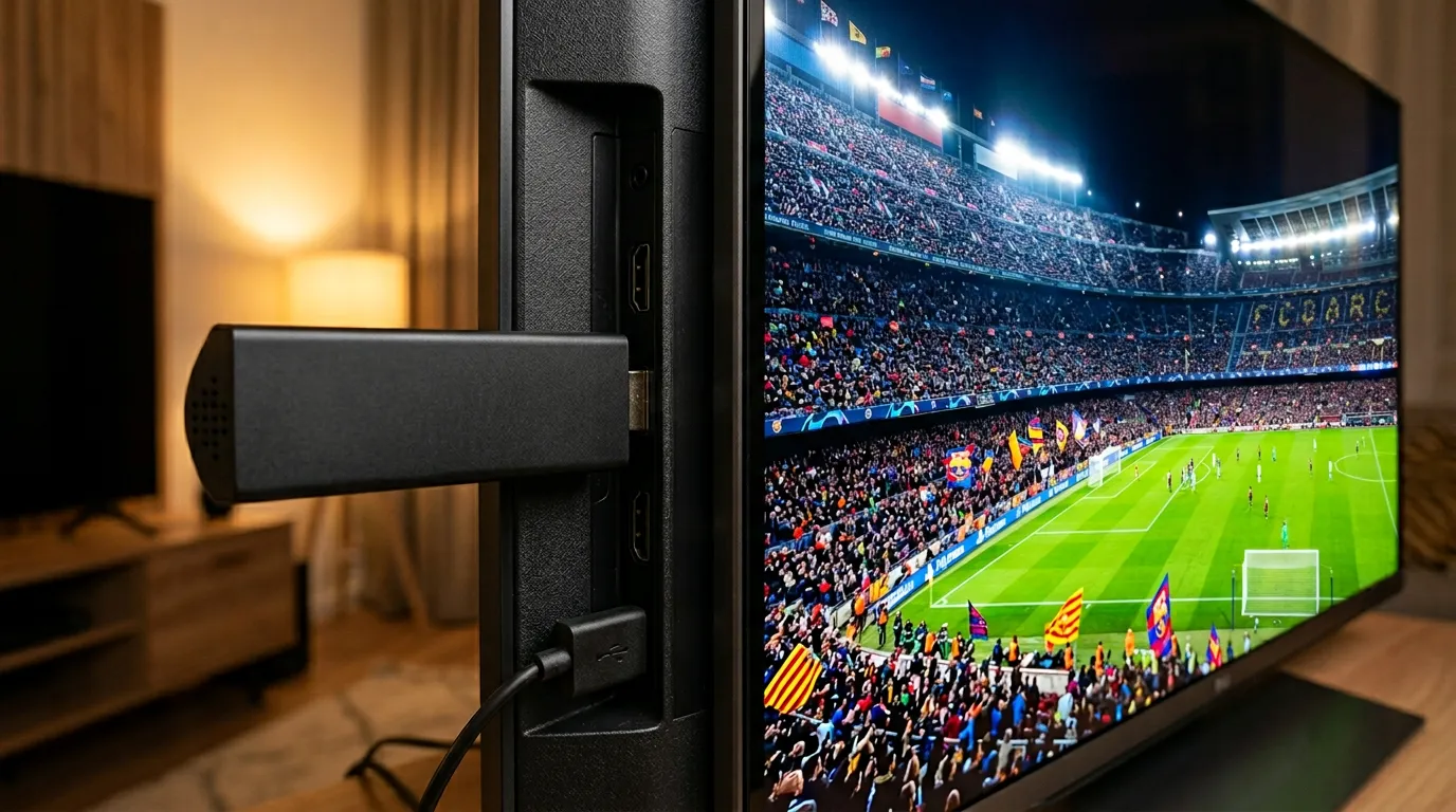 IPTV 4K UK 2026 – large 4K TV in modern UK living room showing crystal clear football match with Firestick 4K connected